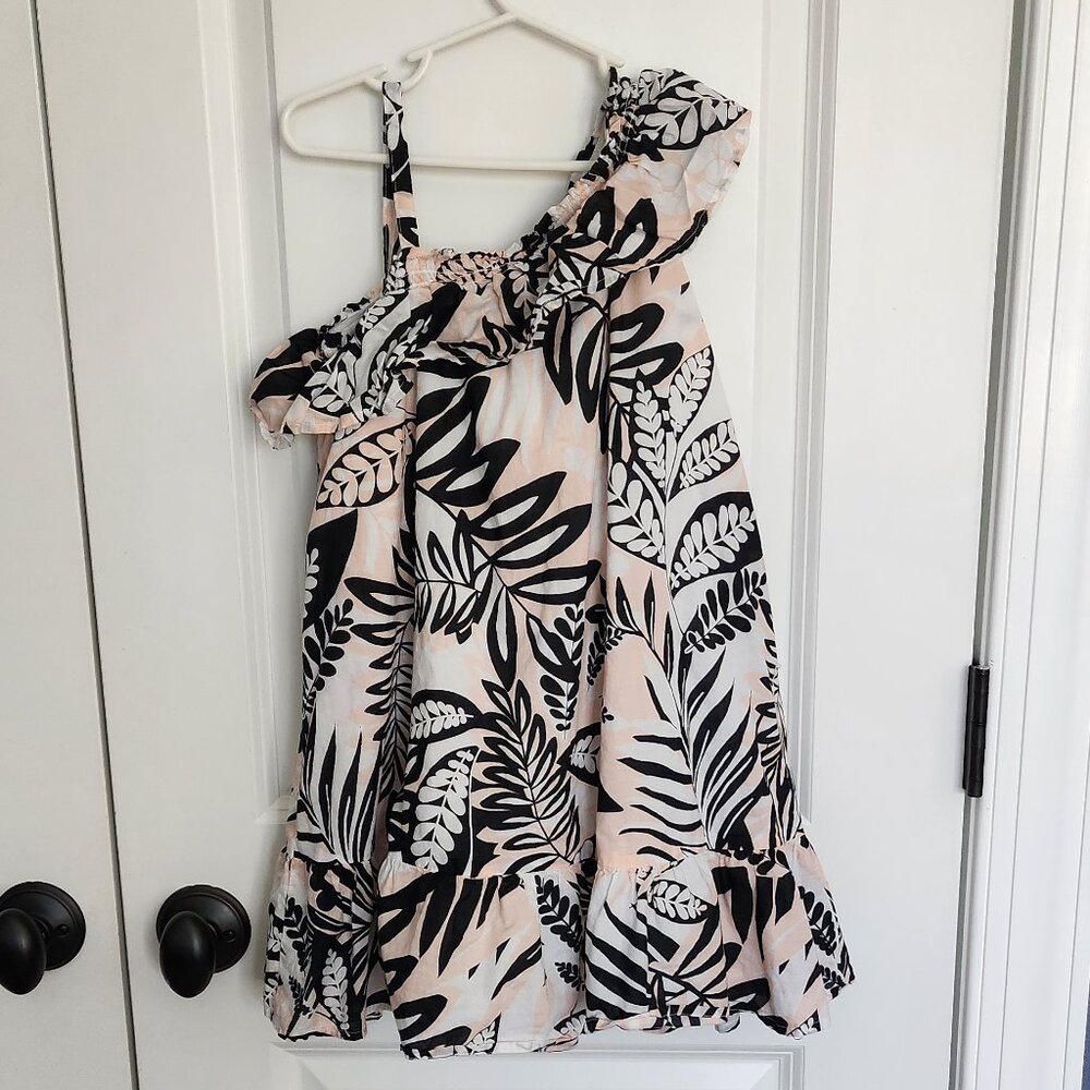 Girl's Tropical Leaves Ruffle Shoulder Sundress - Picture 3 of 5